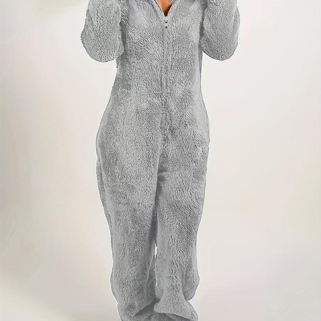 TEMU Solid Fuzzy Zip Up Hooded Jumpsuit, Casual Long Sleeve Warm Jumpsuit For Fall & Winter, Women's Clothing