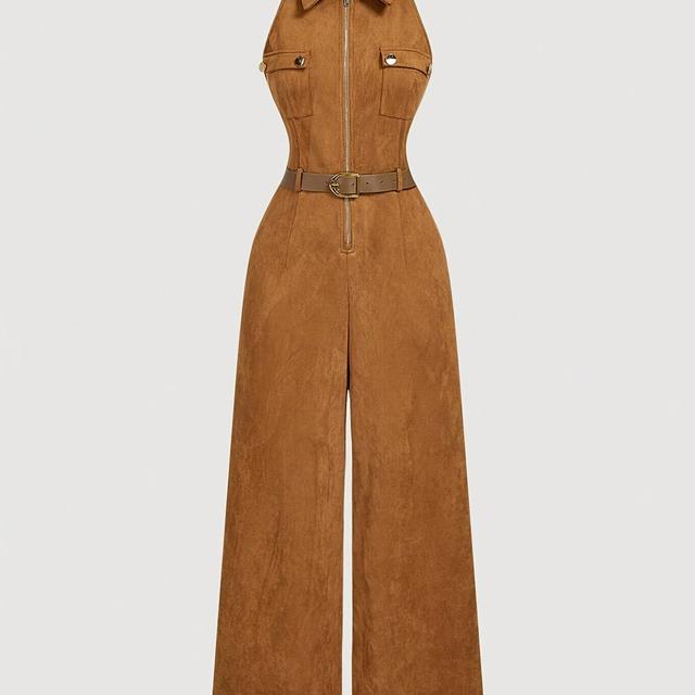 TEMU 2025 Herfst/Winter Nieuwe Retro Casual Mouwloze Dames Jumpsuit, Koffiebruine Jumpsuit (Zonder Riem) + Nian Nian