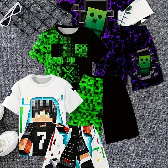 TEMU 6-pack Boy Cube Suit Printing Casual Pullover Short-sleeved Shorts T Sweatshirt, Boy Outdoor T-shirt Shorts Suit, For Outdoor