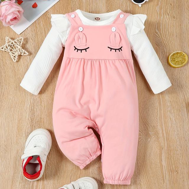 TEMU Two-piece Set For Girls: Cute White Stretch Triangle Bodysuit And 3d Ears Overalls For Autumn/winter, Perfect For Outdoor