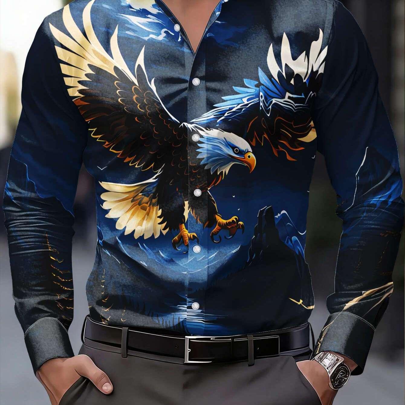 TEMU Camisa de manga larga para hombre con estampado de Águila , estilo retro