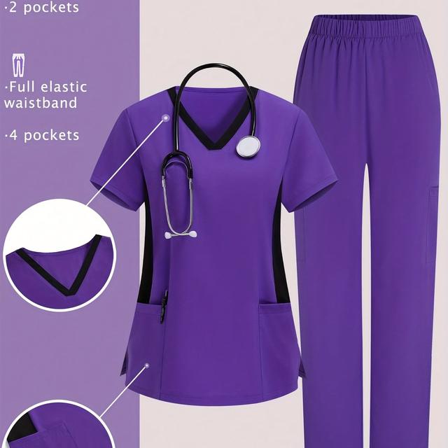 TEMU Nurse Suit V-neck Pocket Short Sleeve Suit Waist Top Side Slit Cleaning Workwear Casual Suit Two-piece Set