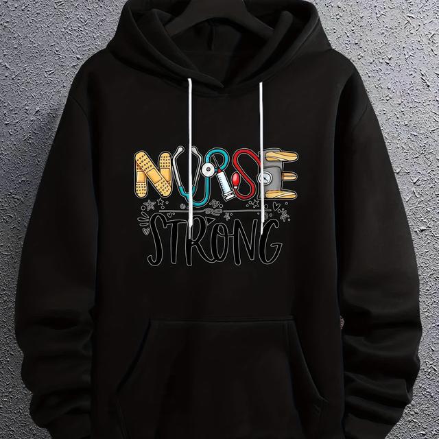 TEMU Men's Casual Polyester Hoodie With "nurse Strong" Letter Print, Slight Stretch Knit Fabric, Regular Fit Hooded Sweatshirt For Fall/winter