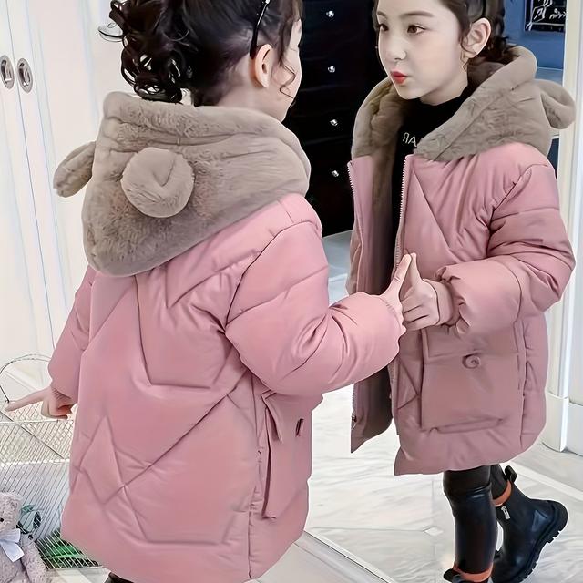 TEMU Girls' Winter Coat With Hood - Thick Pink Cold-weather Jacket, Warm Polyester Outerwear For Everyday & Special Occasions, Girls' Parka, Design