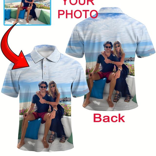 TEMU Customizable 3d Photo Couples Shirt - Personalized Design With Your Photo & Text, Breathable Polyester, Casual Collar Short Sleeve Top For Summer Beach , Plus Size