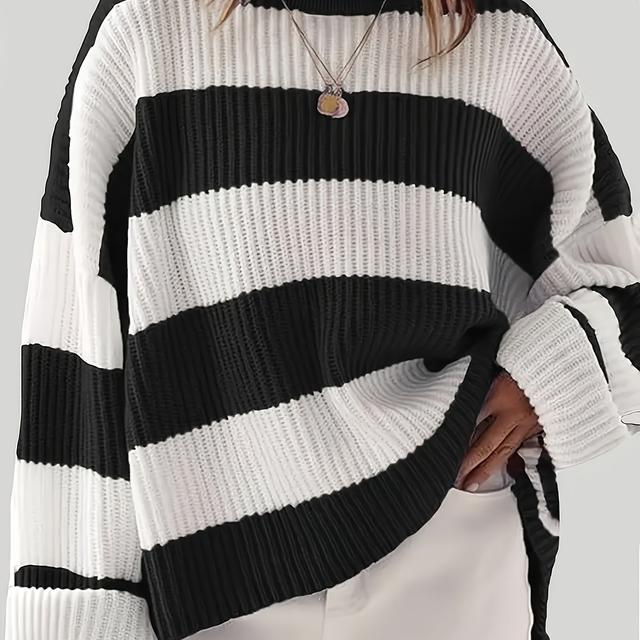 TEMU Plus Size, Lazy Style Casual Versatile Color-block Striped Oversized Pullover Sweater Top For Women
