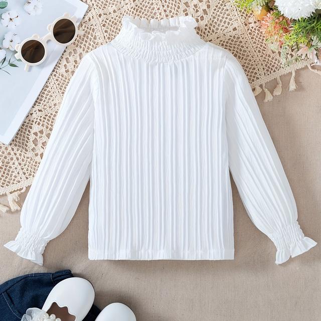 TEMU Girls' Elegant Striped Long Sleeve Top With Hem & Cuffs - Solid Color High Neck Blouse For Spring/fall, Non-stretch Fabric, Casual Or Dressy Outfits, Spring Outerwear, Design, Nonstretch Material