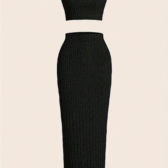 TEMU Solid Two-piece Set, Casual Tube Top & Bodycon Long Length Skirt Outfits, Women's Clothing