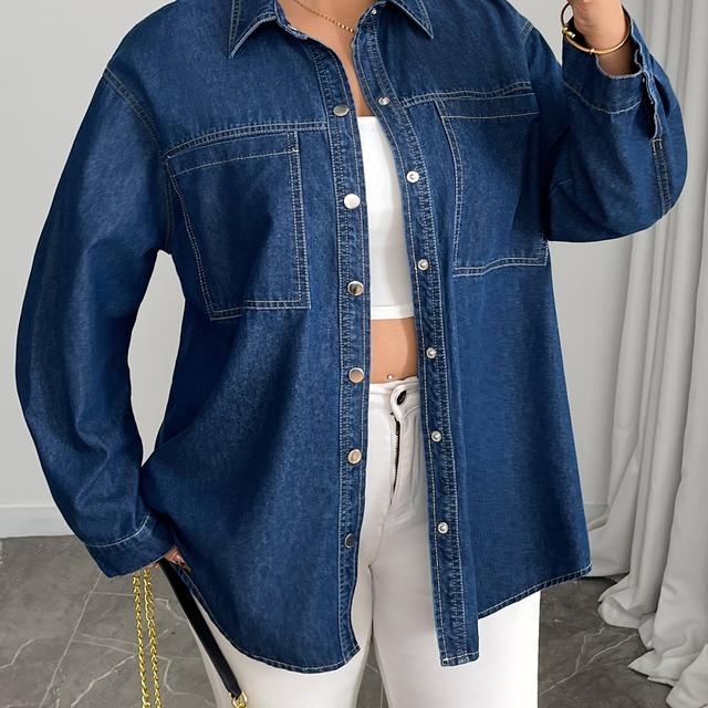 TEMU Damen Plus Size Jeanshemd - Lässige lockere Passform, lange Ärmel, Knopfverschluss mit Brusttaschen, nicht dehnbares Stoff, für Frühling/Sommer, Jeansjacke
