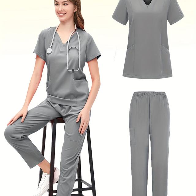 TEMU Modieuze Scrubs Werkkleding Set, Comfortabele Ademende V-Hals Korte Mouwen Lange Broek Dames Casual Werkkleding met Meerdere Zakken, voor Dierenartsen en Dierenwinkel Professionals