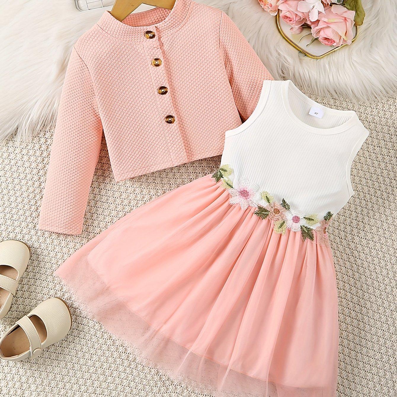 TEMU Girls' Clothing, Toddler Baby Casual Embroidered Floral Dress Jacket Skirt Set For Outdoor, Outdoor Gathering, Holiday