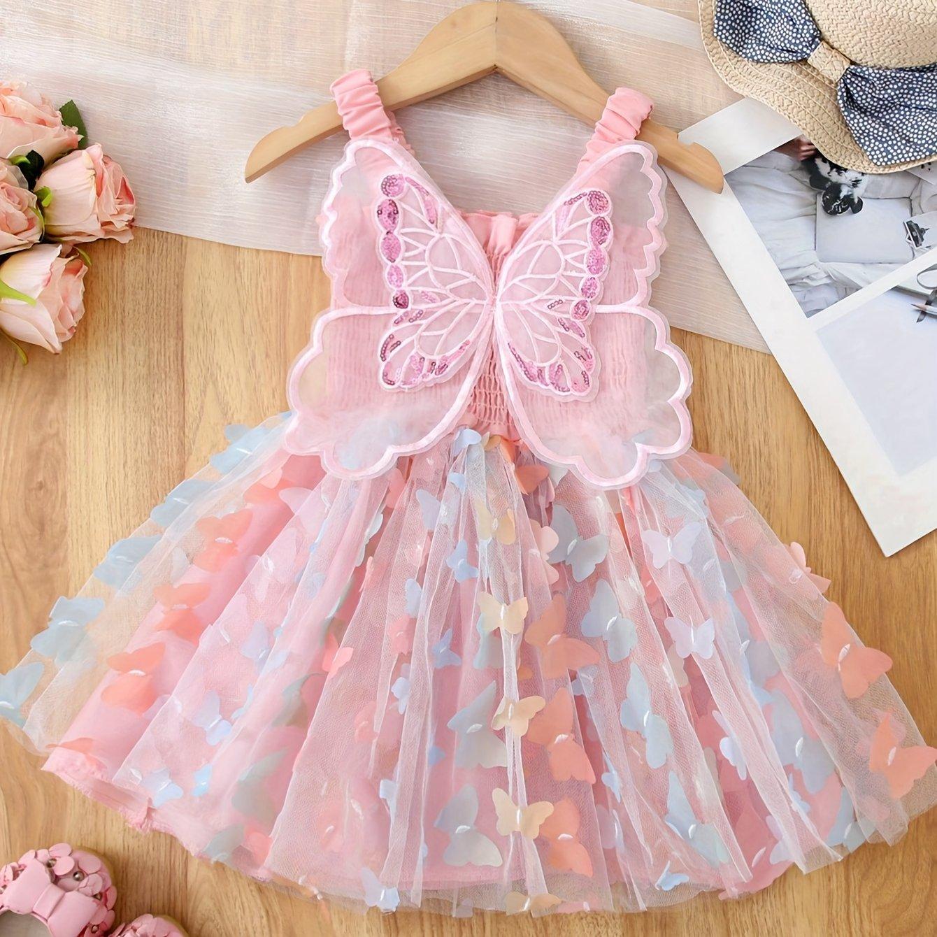 TEMU 1 Stück Mädchen Süßes Romantisches Prächtiges 3D Schmetterling Mesh Regenbogenfarben Sommerkleid Partykleid Strandkleid