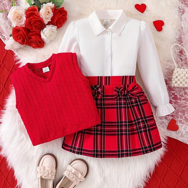 TEMU A Set Of 3 Stylish And Versatile Outfits For Girls Suitable For Spring And Autumn, Including A Long-sleeve Shirt With A Collar, Buttons, And Lace Details, A Red Ribbed Sleeveless Vest