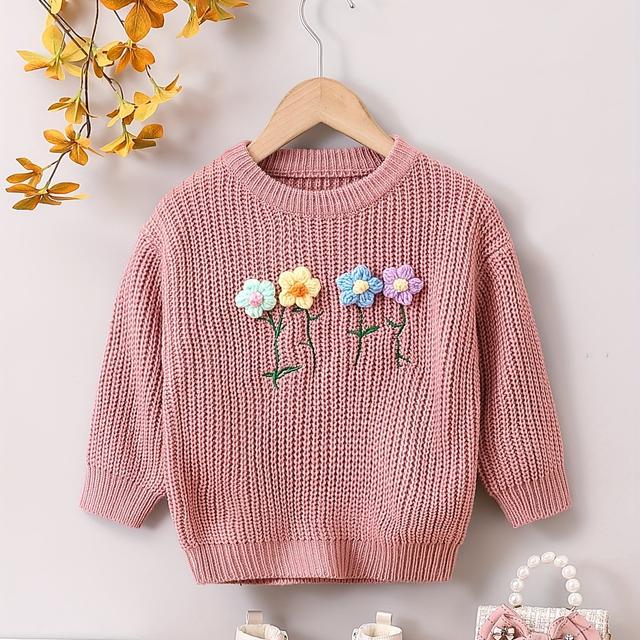 TEMU Mädchenmode Herbst und Winter Pullover Sweater Warmes Strickoutfit mit 3D Gesticktem Blumen Rundhals Top
