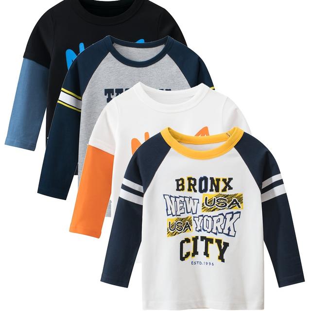TEMU 4pcs Boys' Long Sleeve T-shirts - Casual Round Neck Letter Print Tops, Soft Breathable Fabric For Spring/fall, Hand Wash Only, Everyday Play & Outdoor Activities