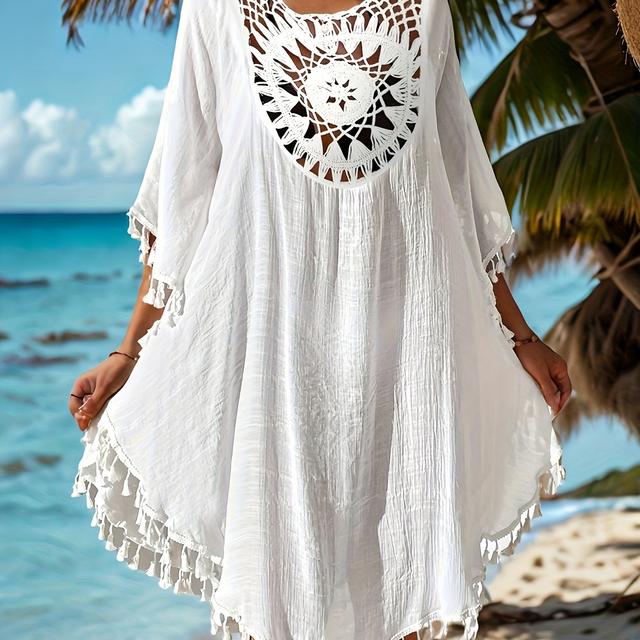 TEMU Bohemian Style Casual Cover-up, Suitable For Outdoor Wear, Perfect For Beach Vacations, Lace Detail With And Small Tassel Embellishment