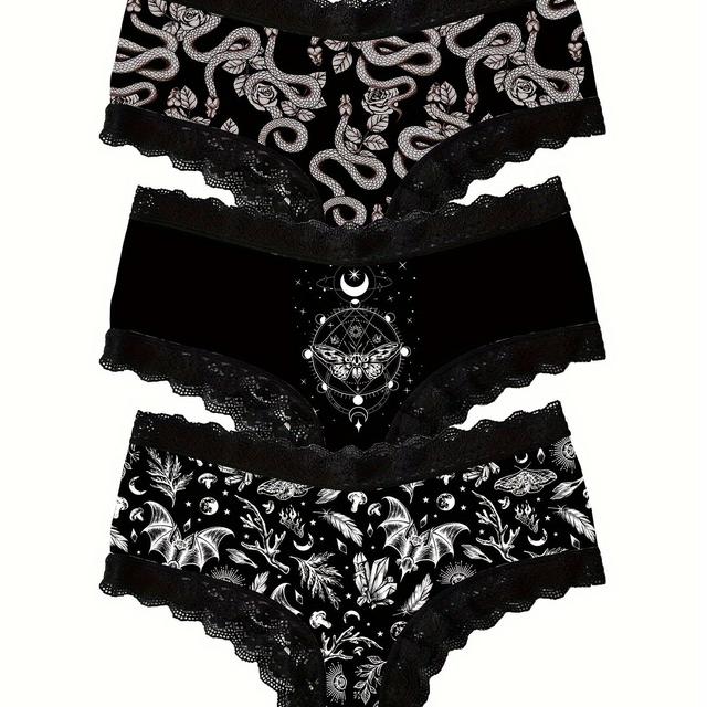 TEMU Women's Botanical Snake Print Lace Trim Bikini Panties Three-pack