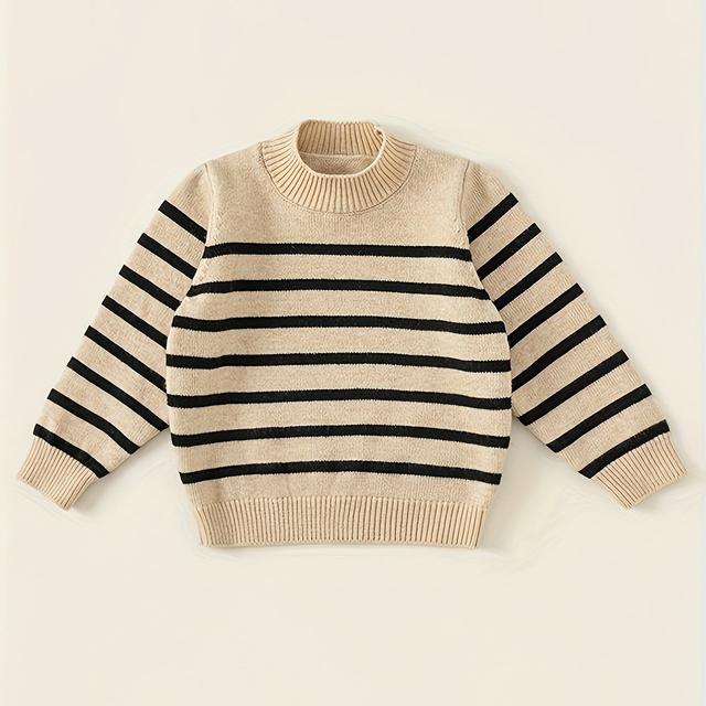 TEMU Children's Color-block Striped Sweater, Autumn New Arrival, Girls' Round Neck Versatile Knit Base Layer Top 84066