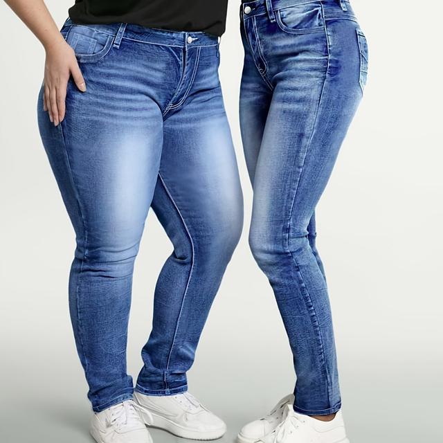 TEMU Plus Size, Women's Plus Size High-waisted Stretch Jeans - Light Wash Blue Distressed Vintage Jeans With Hem & Beltless Design,