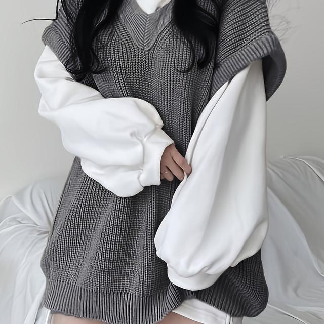 TEMU 【レディース】春/秋 長袖セットアップ：スリット入り半袖トップス + カジュアルセーター ベスト。ルーズフィット、カジュアル2点セット。