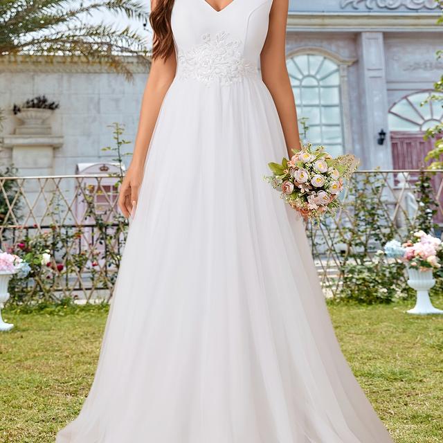 TEMU Elegantes weißes Tüll-Hochzeitskleid mit V-Ausschnitt, rückenfreiem Design, verziert mit Paillettenstickerei an der Taille und einem fließenden Rock