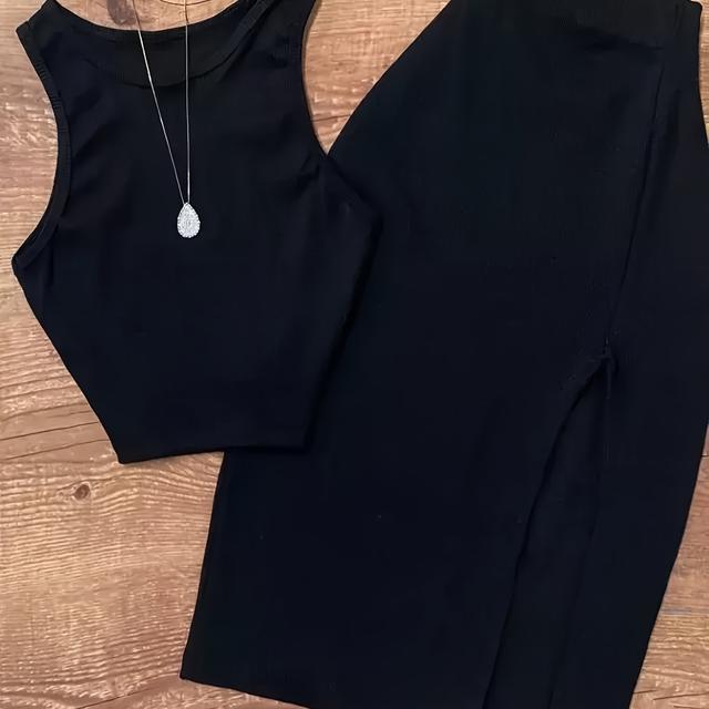 TEMU Women's Spring/ Casual Afternoon Tea Party Date Ribbed Fabric Solid Color Sleeveless Top & Skirt 2pcs Set