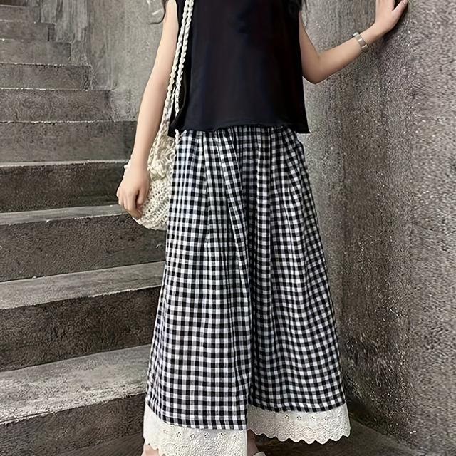 TEMU Girls' Summer Versatile Plaid Casual Pants