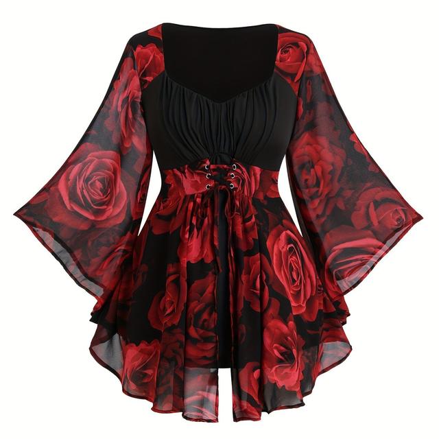 TEMU Plus Size, European And American Size Women's Rose Print Drawstring Irregular Batwing Sleeve Top
