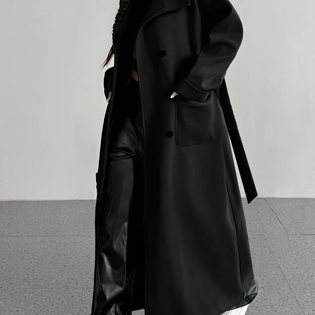 TEMU معطف أنيق بأكمام طويلة للنساء مع ربطة، بلون صلب من البوليستر كملابس خارجية للفصل /الشتاء - نمط كاجوال منسوج