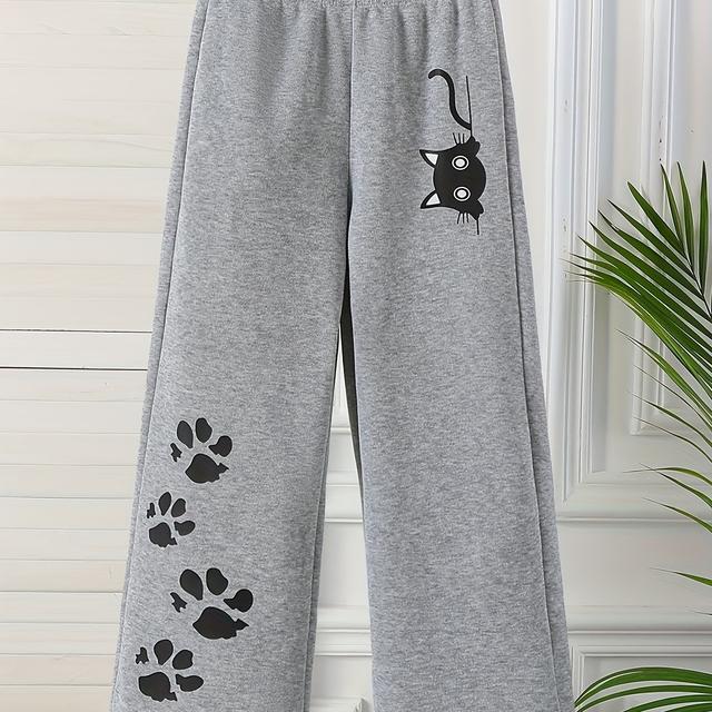 TEMU Модні утеплені милі повсякденні штани для дівчаток з принтом кота, ідеальні для прогулянок на вулиці