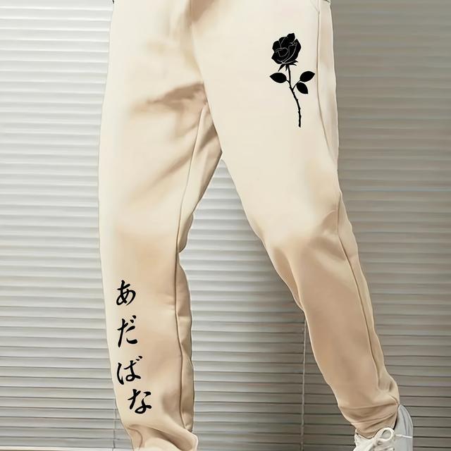 TEMU กางเกงขายาวผู้ชายสไตล์แฟชั่นทรงกางเกงกีฬาผ้าโพลีเอสเตอร์ พริ้นดอกกุหลาบและตัวหนังสือจีน ผ้าทอสายยางยืดเล็กน้อย รูปทรงปกติพร้อมเชือกผูกเอว