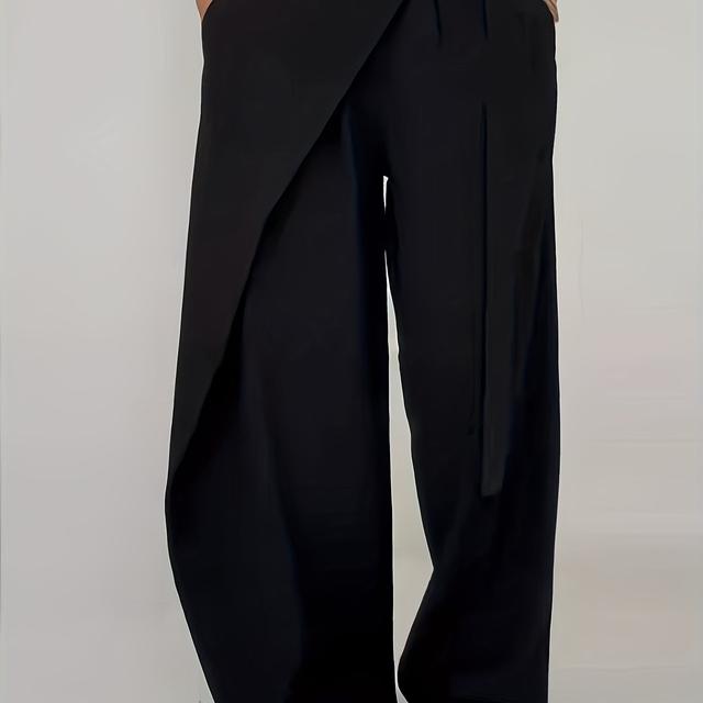 TEMU Black Asymmetrical Design Versatile Wide-leg Pants For Women, 2025 Autumn Commuter Style, 's