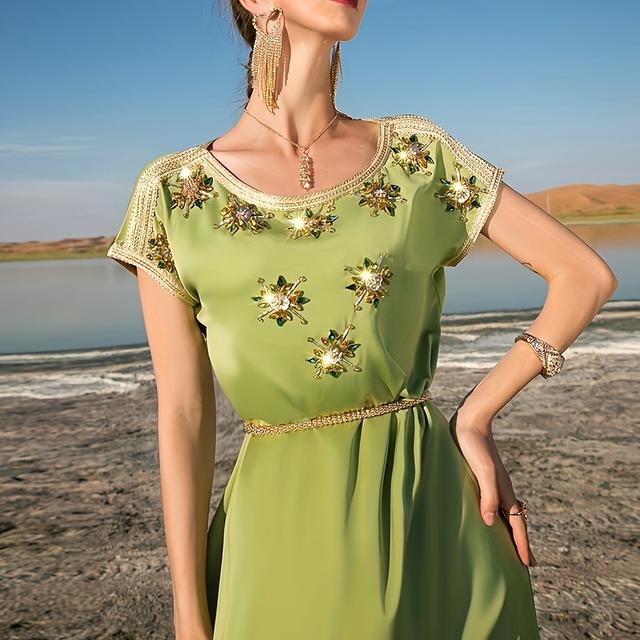 TEMU Robe 7030 Vert Avocat Wal-Duan Couture Main, Manches Courtes, Style Célébrité