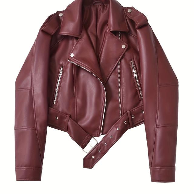 TEMU Women's Red Leather Moto Jacket - Retro Long Sleeve Zipper Front With Adjustable Belt, Casual Spring/fall Outerwear For Women