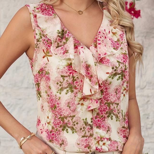 TEMU 【レディース】フリル柄 花柄 ノースリーブ シャツ な旅行に最適 トなVネック トップス 夏