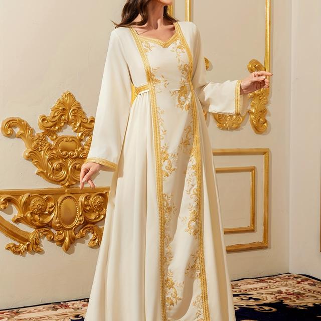 TEMU Dubai Middle East Arab Women's Front Embroidered Dress, Long Sleeve Elegant Style Dress Suitable For Special Occasion Wear