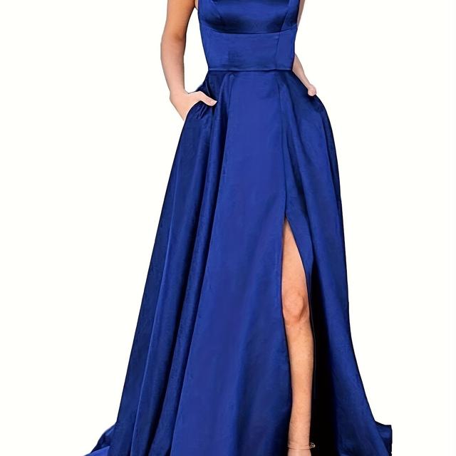 TEMU Elegantes Königsblaues Satinkleid mit Verstellbaren Dünnen Trägern, Rückenbindungsdetail, Seitentaschen & Hoch-Tief Saum - für Partys, & Formelle Anlässe, Abendkleid