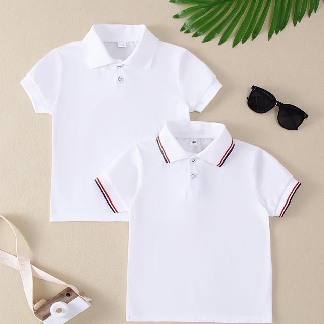 TEMU 2pcs Elegant White Short Sleeve Shirts For Kids - Summer Casual Wear, Breathable Fabric With Single-breasted Half , Weekend , Casual Attire|striped Detail| Stretch Fabric