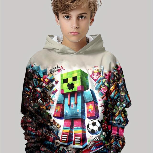 TEMU Boys' 3d Printed Long Sleeve Hoodie - Casual Pullover For Spring, Fall, Winter, Outdoor Hooded Sweatshirt With Pocket