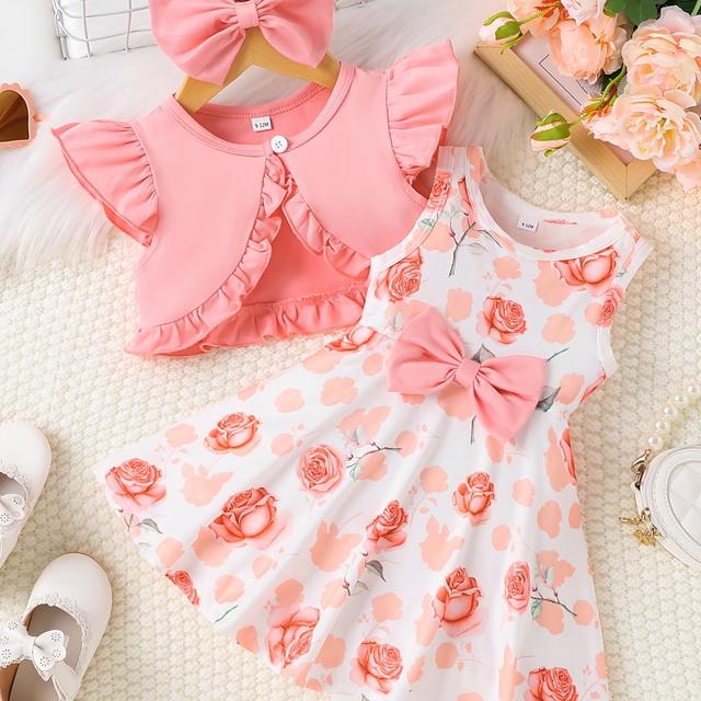 TEMU Summer Set For Baby Girls Featuring A Solid Color Short-sleeve Top, A Floral Print Vest Dress, And A Headband, Designed For Casual Wear, For Outdoor