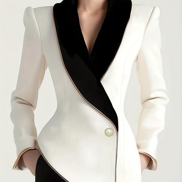 TEMU Plus Size, Asymmetrical White Contrast Collar Suit Jacket