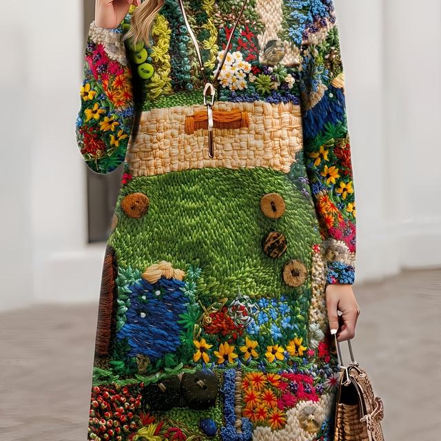 TEMU [printed Design - Not Textured]women's Turtleneck Sweater Dress, Long Sleeve Flowers Pattern Print Pullover, Slim Fit Look With Printed Waist Design For Fall Winter