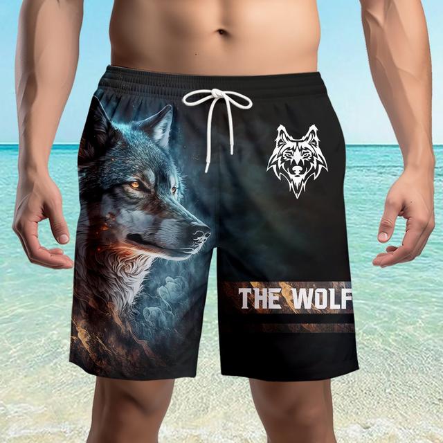 TEMU Men's Trendy Shorts With A Wolf , Suitable For The Beach Or Swimming.