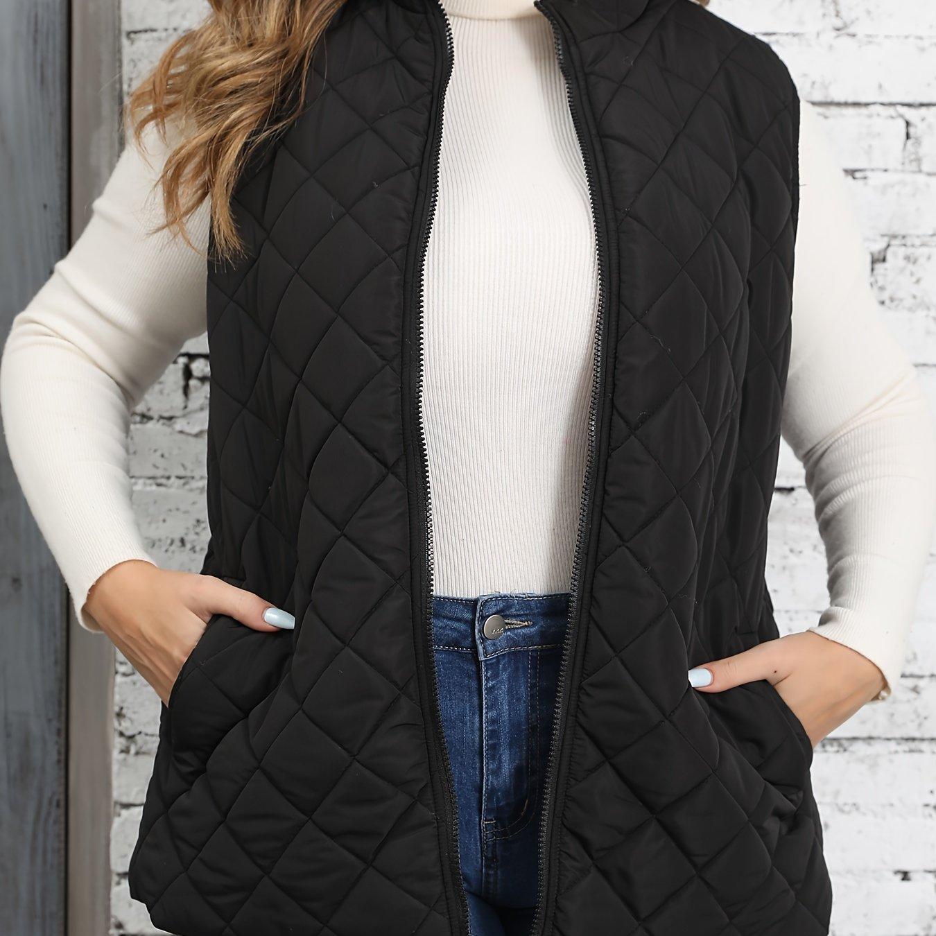 TEMU Plus Size - Stand-collar Jacket With Side Pockets And Zipper, Thickened Vest.