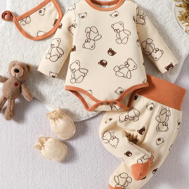 TEMU Neugeborener Baby-Jungen Bären-Druck Langarm-Romper & Fußhosen & Lätzchen & Socken Set, für Draußen