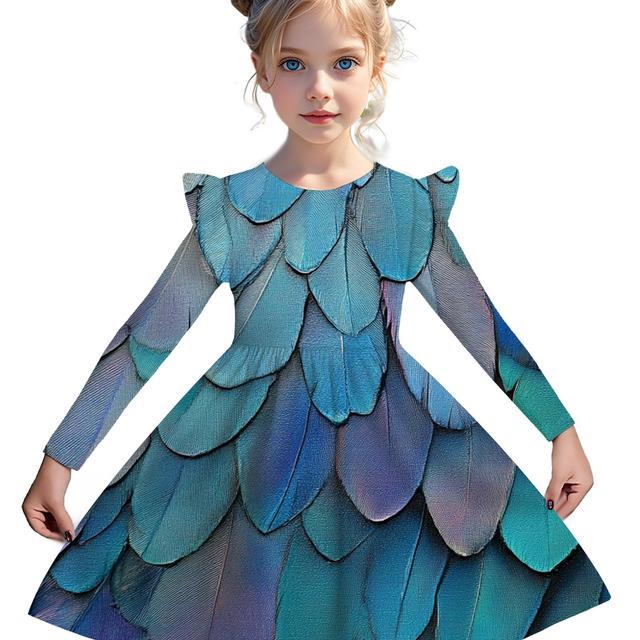 TEMU Random All- Fantasy Girls' Ruffle Hem Dress Gift With Feathers, Colorful Print Little Girl's Holiday Cute And Pretty Ruffle Hem Dress For Outdoor Casual And Sports