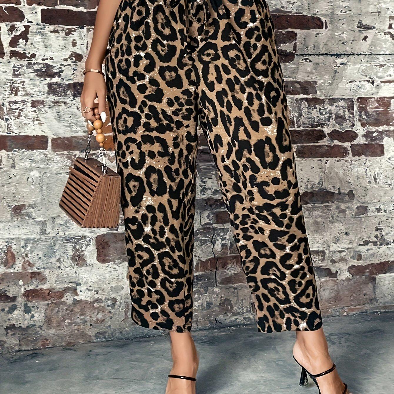 TEMU Plus Size, Plus Size Women's Leopard Print Straight-leg Loose-fit Comfortable Pants With Drawstring, Suitable For Leisure, Vacation, Casual, And Date Outfits - J193