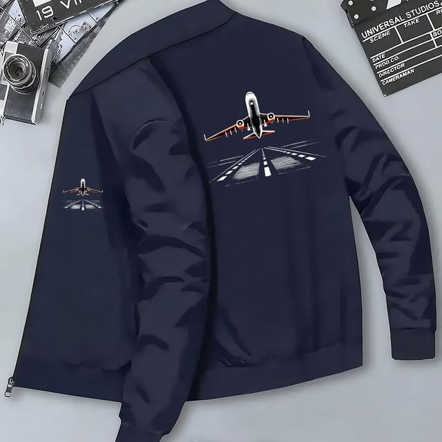 TEMU Men's Trendy High-quality Casual Youth Jacket With Airplane Print, Stand Collar, Versatile Top For Autumn And Winter