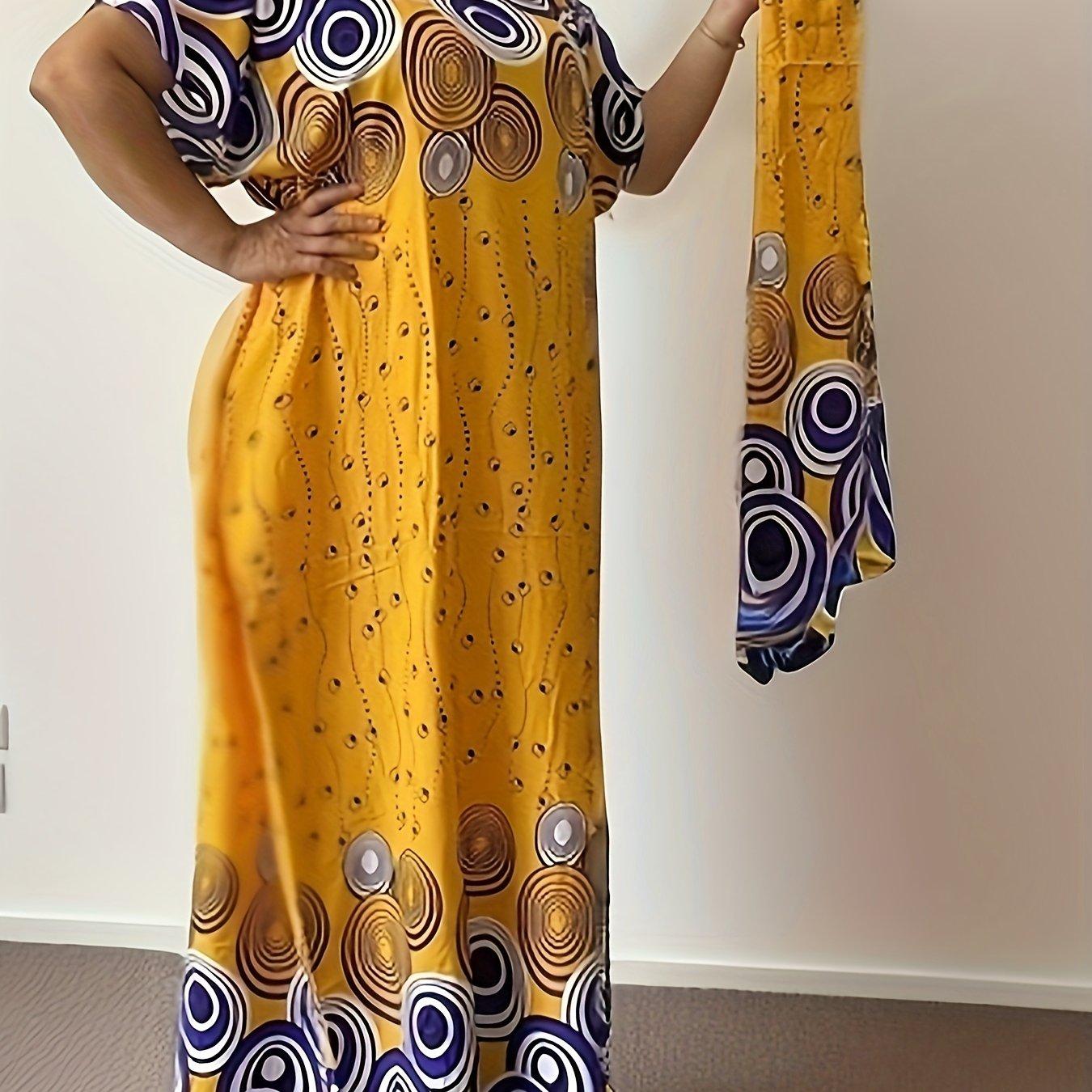 TEMU Ramadan Plus Size Floral Print Kaftan Dress, Elegant Round Neck Short Sleeve Dress For Women