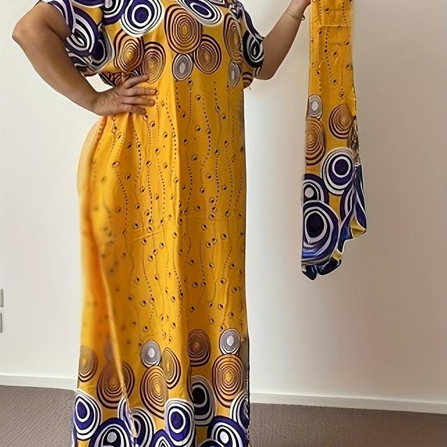 TEMU Ramadan Plus Size Floral Print Kaftan Dress, Elegant Round Neck Short Sleeve Dress For Women